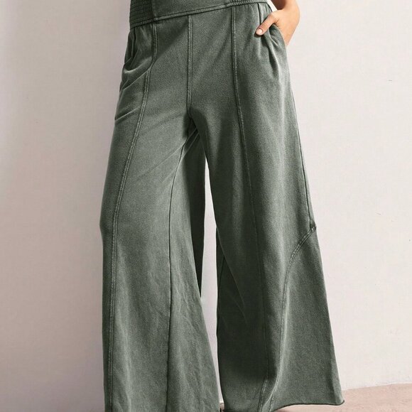 Army Green Casual Women's Loose Wide Leg Smocked Waist Pants - Picture 1 of 9
